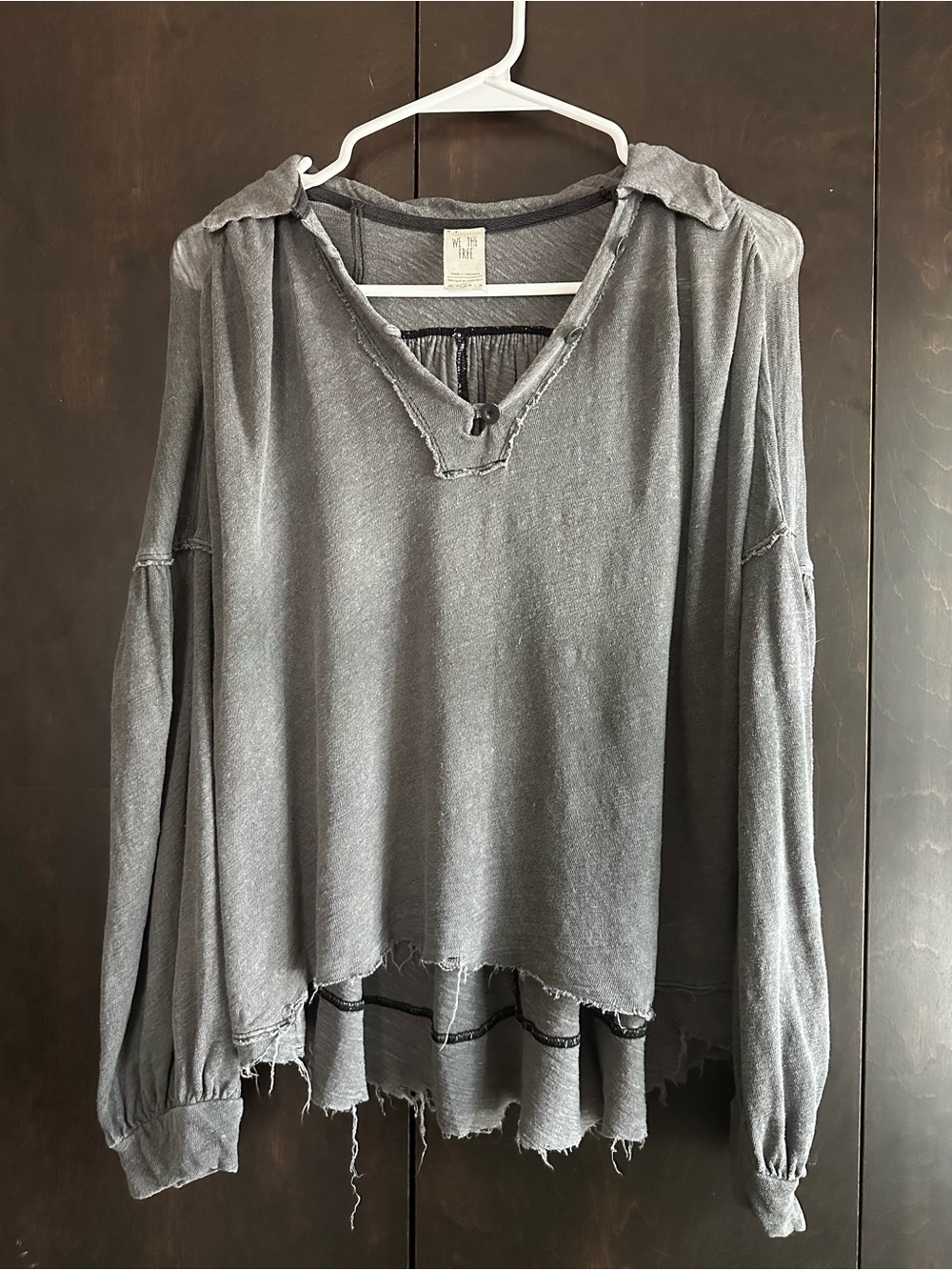 FP We The Free Washed Gray Distressed Raw-Hem Buttoned Long Sleeve Top
